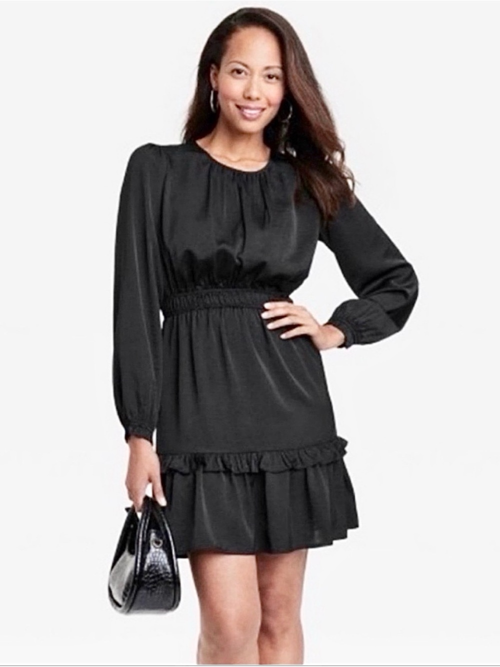 Knox Rose Black Long-Sleeve Smocked Waist Ruffle Hem Dress Sz L